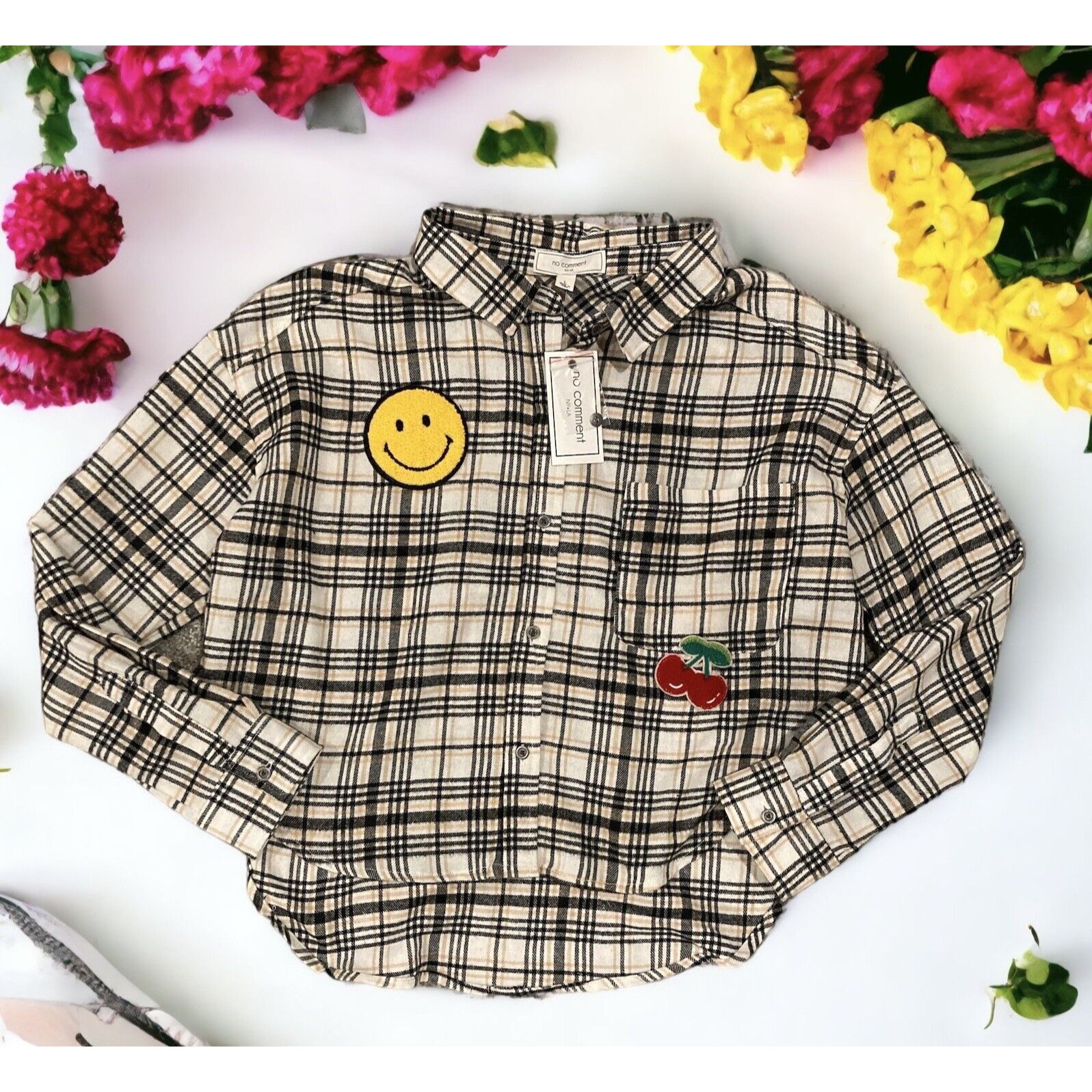 No Comment Ny/La Size Large Soft Plaid Shirt W/ A Smiley & Cherry Patches New